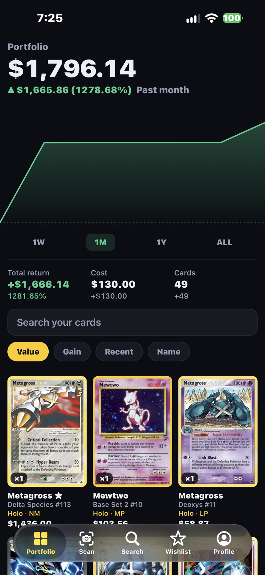Portfolio: collection value over time and every card you own